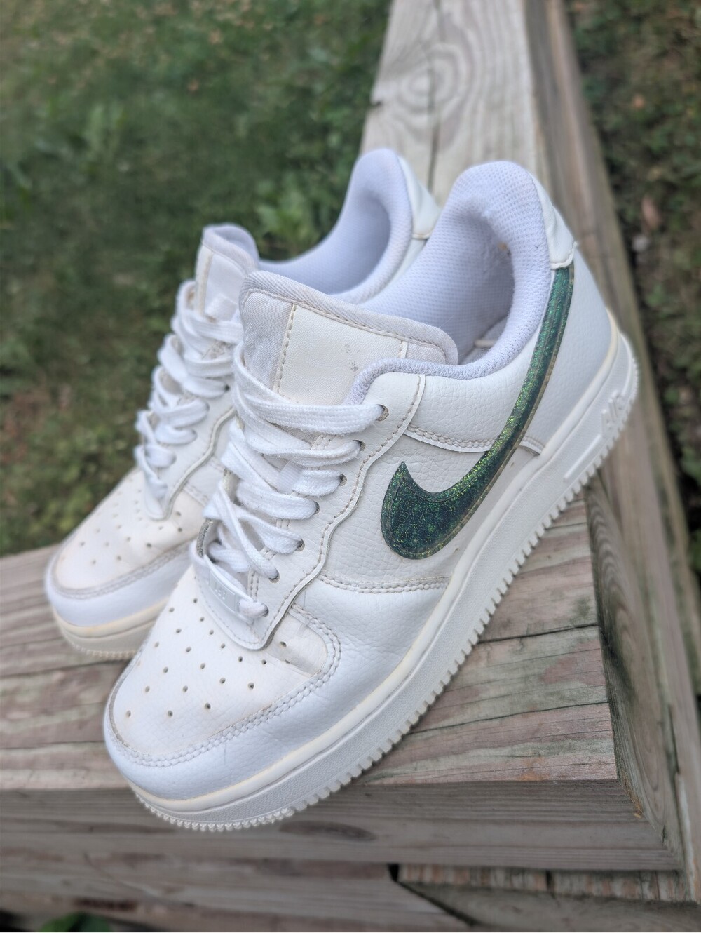 Nike Air Force 1 White Sneakers with Green Swoosh
